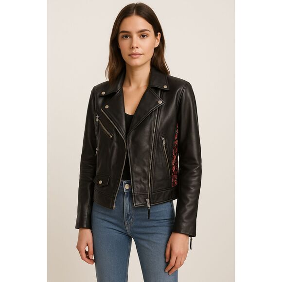 JOE'S COLLECTION Floral Printed Leather Jacket Black Small - Picture 1 of 4